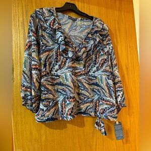NWT: Democracy Blue and Orange Patterned Blouse Petite